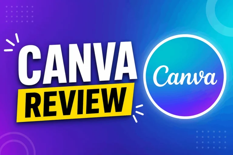 Canva review thumbnail with bold white text on a purple and blue gradient background, featuring the Canva logo and a yellow highlight for the word review.